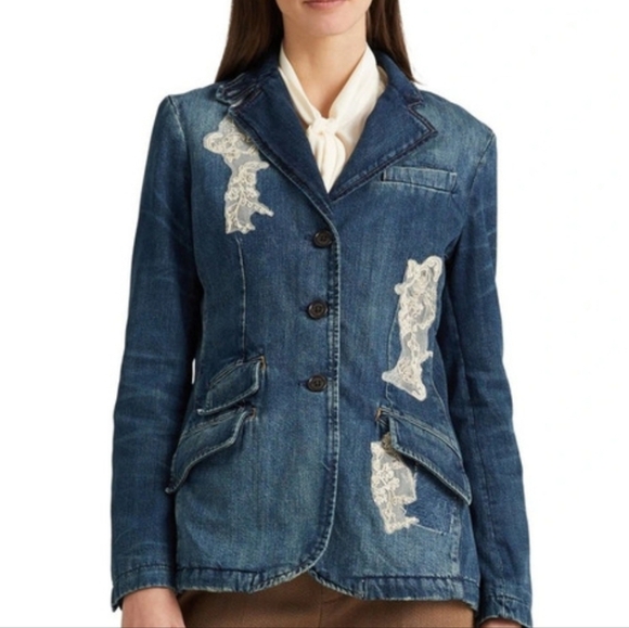 NWT Lauren RL Blue Lace Patchwork Indigo Denim Buttoned Jacket 16W - Picture 4 of 9